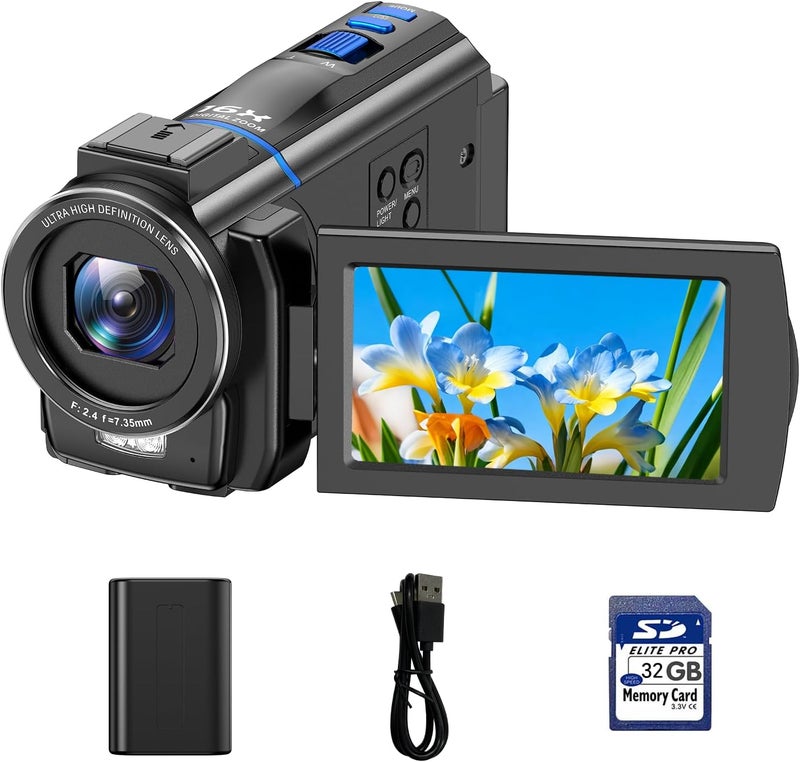 FIREFOTO Video Camera Camcorder 4K, 48MP Cam Corder with IR Night Vision, 16X Zoom Vlogging Video for YouTube, 3.0" 270° Rotation Touch Screen Podcast Camera with Battery/32GB SD Card/Remote Control - Image 1